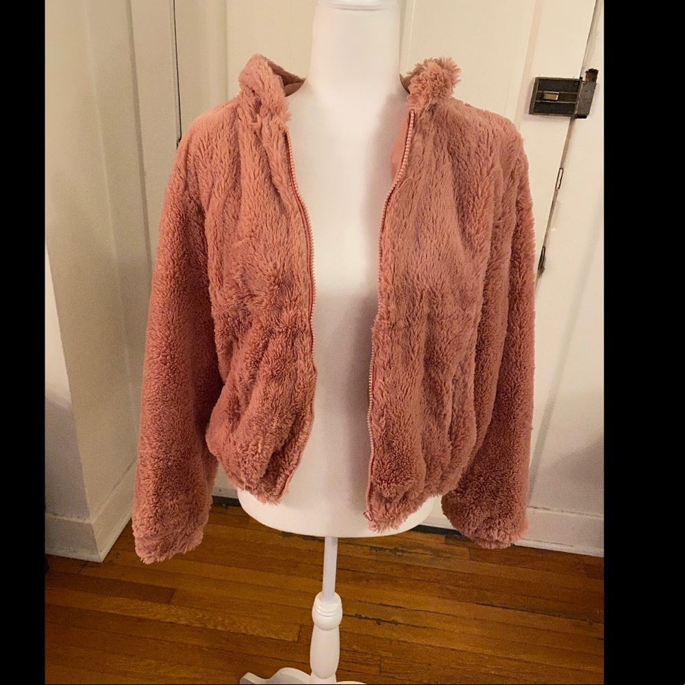 Blush pink faux fur zip up hoodie